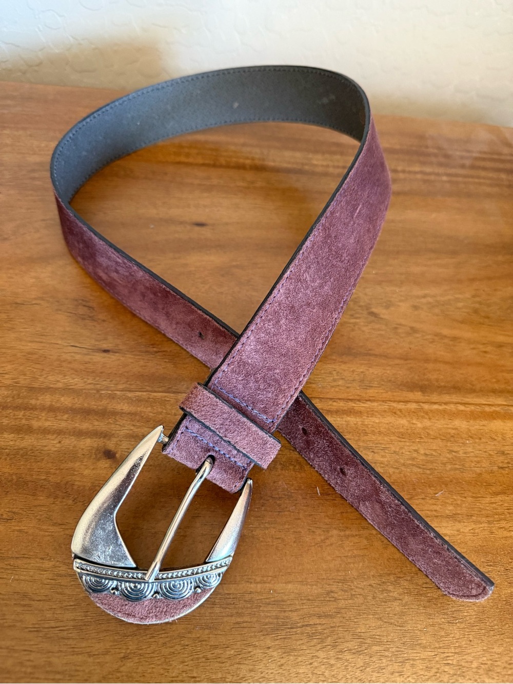 Vintage suede Kudos belt with the uniquely shaped silver buckle, medium